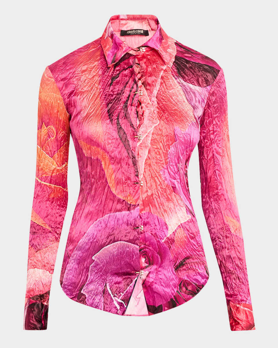 Rose-Print Crinkle Silk Collared Shirt